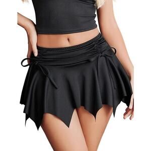 Mini Skirt Women's Small Black Y2K Asymmetrical Ruched Bow Stretchy Hem